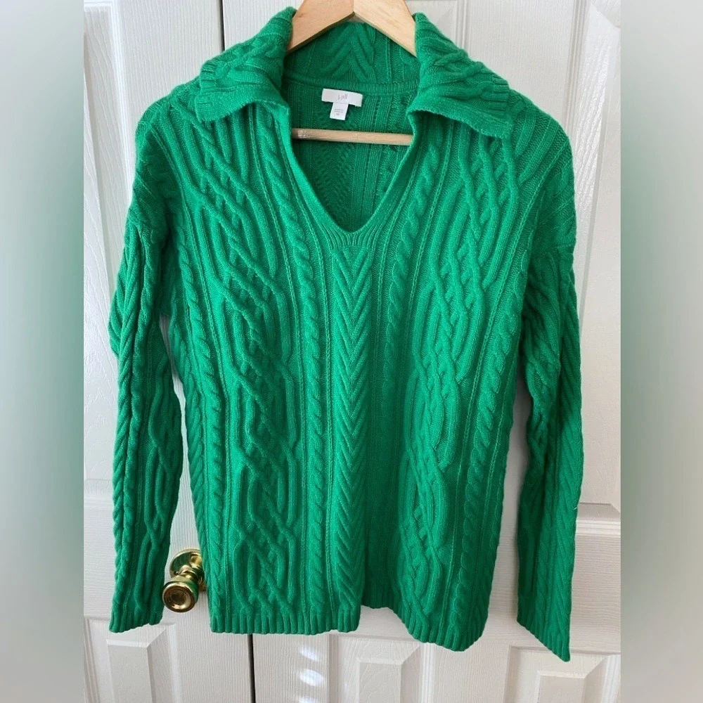 j. jill Meadow Green Cotton Blend Oversized Collared Cable‎ Knit Sweater XS